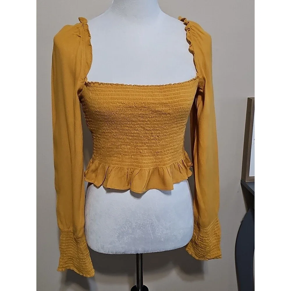 Reformation Mustard Yellow Smocked Crop Top Blouse Square Neck Long Sleeve Sz S